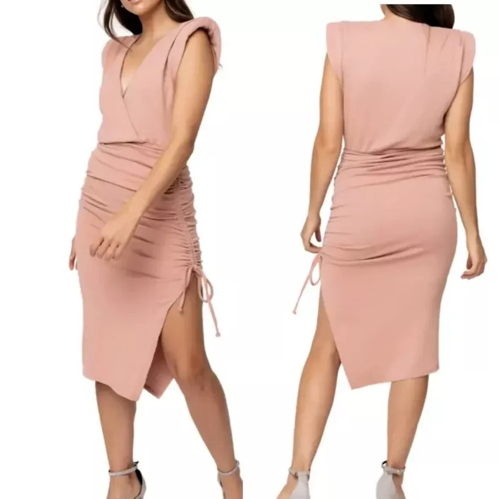 Gibsonlook Surplice V-neck Dress Womens Size Medium Blush Sandstone Ruched Midi